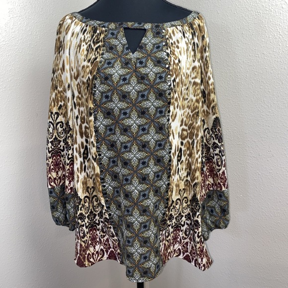 Fig and Flower Blouse Women's 2X Brown Floral Paisley Keyhole Gems Boho Peasant - Picture 1 of 9